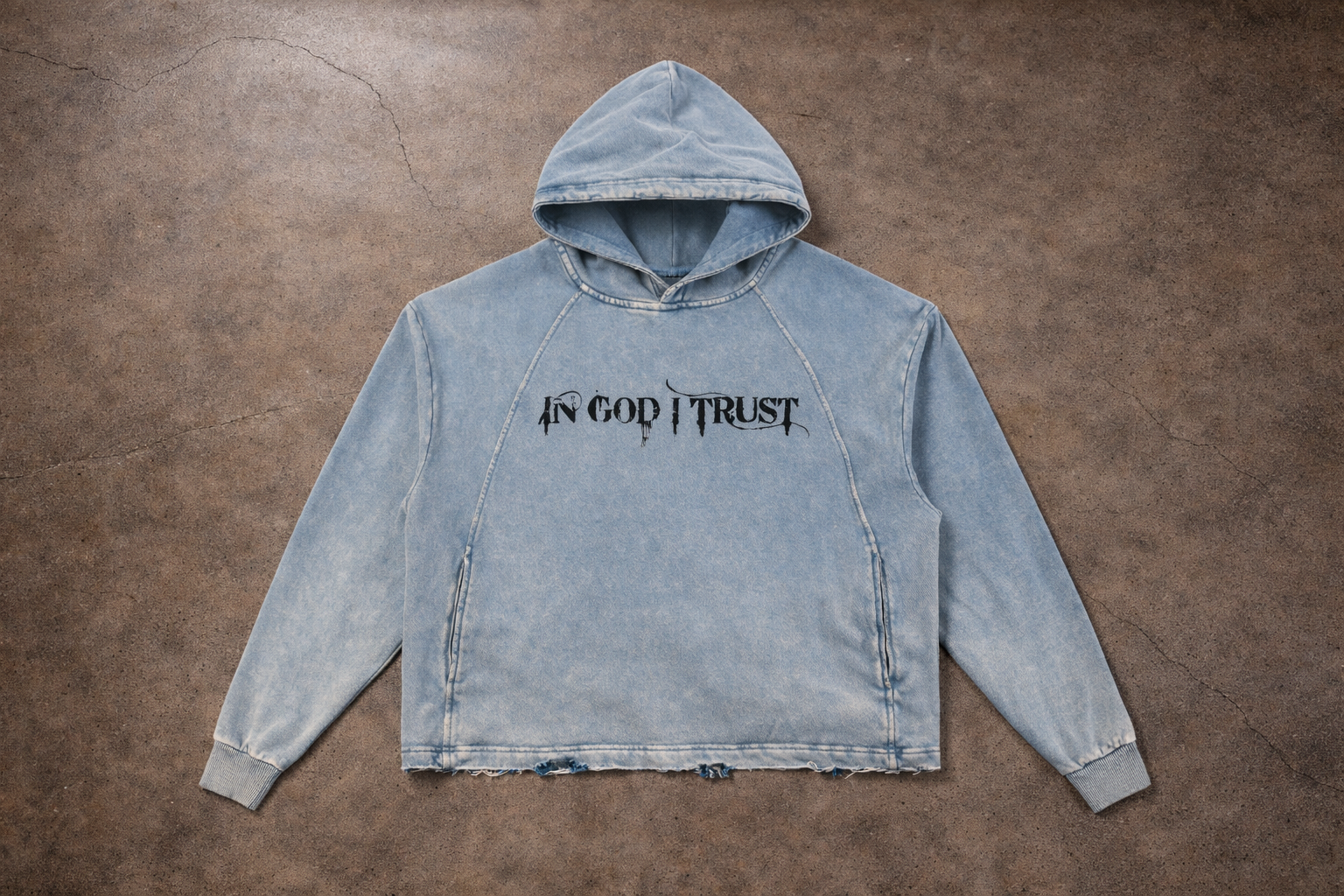 Vintage Washed Frayed-Hem "In God Trust' Hoodie