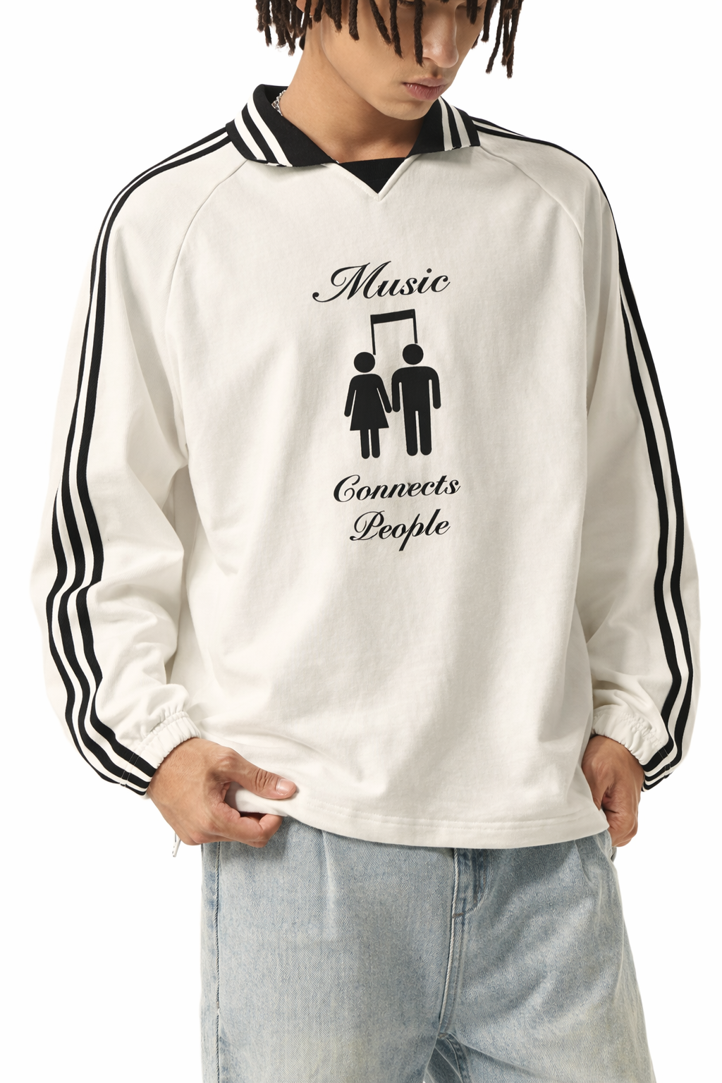 MUSIC CONNECTS PEOPLE Striped Lapel Collar Sweatshirt